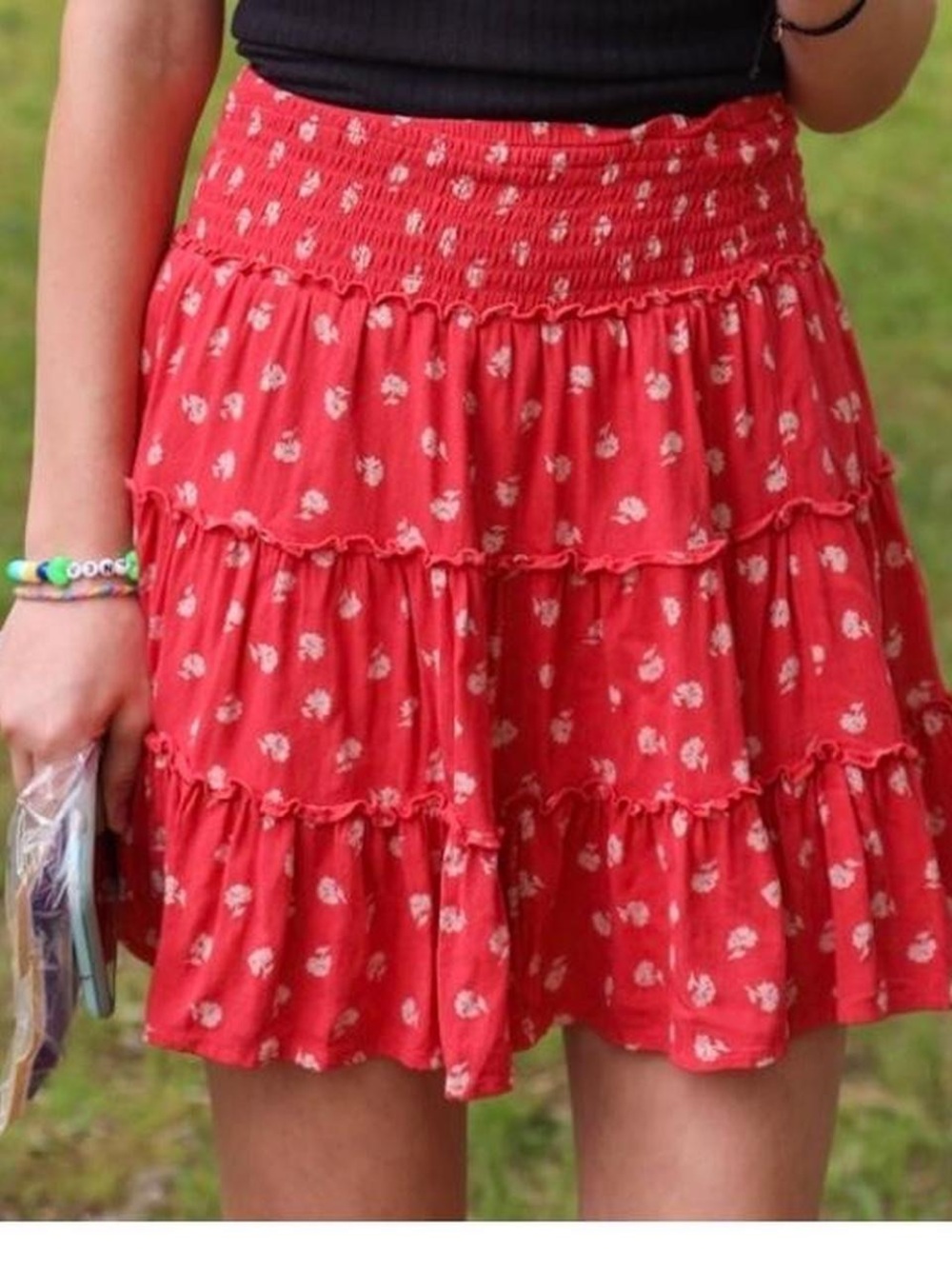 American Eagle Outfitters Red Floral Tiered Skater Skirt